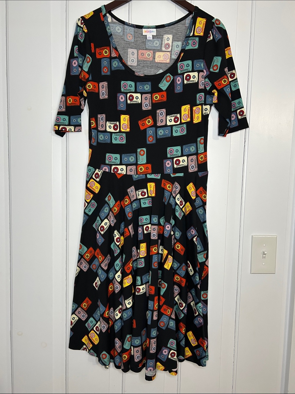 Vintage style fit and flare Black Dress with Retro Pastel Cassette Motif